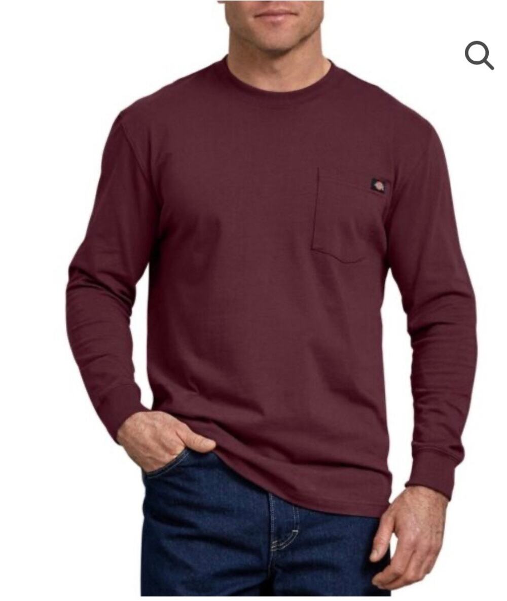 Dickies Men's Long Sleeve Pocket Work T-Shirt Maroon Burgundy Size L Large